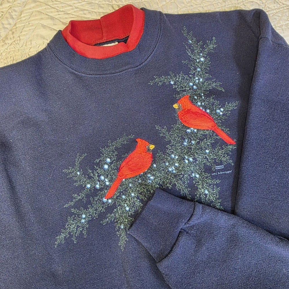 Vintage Artisans Cardinal Sweatshirt Navy Blue 90s Grannycore Embroidered Nature